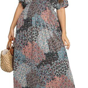 Women's Plus Size Floral Maxi Dress Boho V-Neck Short Sleeve Casual